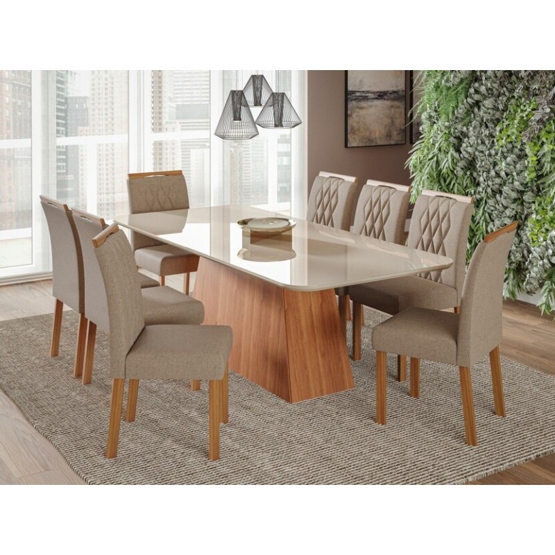 CJ MESA 8C CIMOL HELENA RETANGULAR 210X100 C/VDO CAD. JULIANA CINAMOMO/OFF WHITE/LINHO BEGE CJ MESA 8C CIMOL HELENA RETANGULAR 210X100 C/VDO CAD. JULIANA CINAMOMO/OFF WHITE/LINHO BEGE